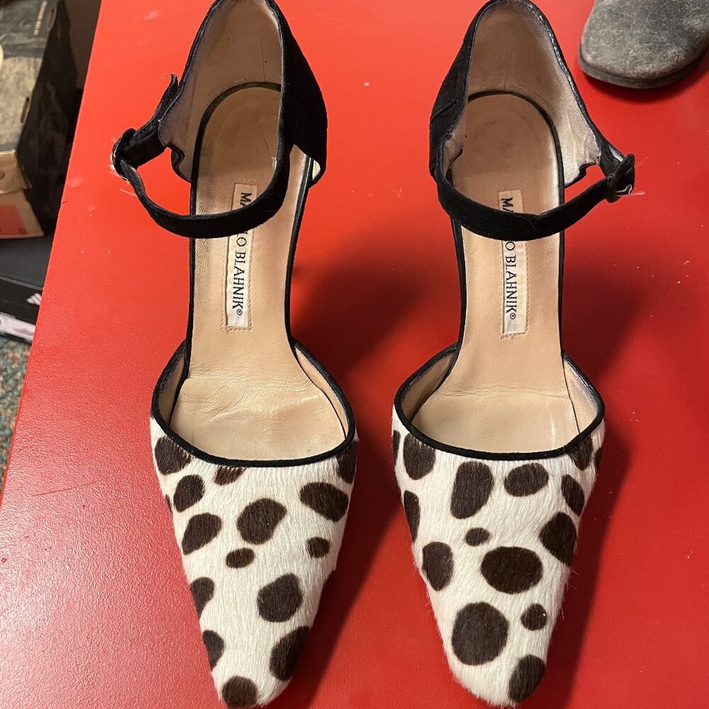 Manolo Blahnik Black and White Dalmatian Print Ankle-Strap Heels 6.5